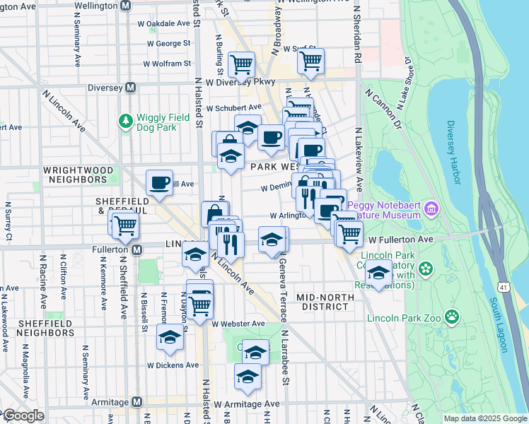 map of restaurants, bars, coffee shops, grocery stores, and more near 623 West Arlington Place in Chicago