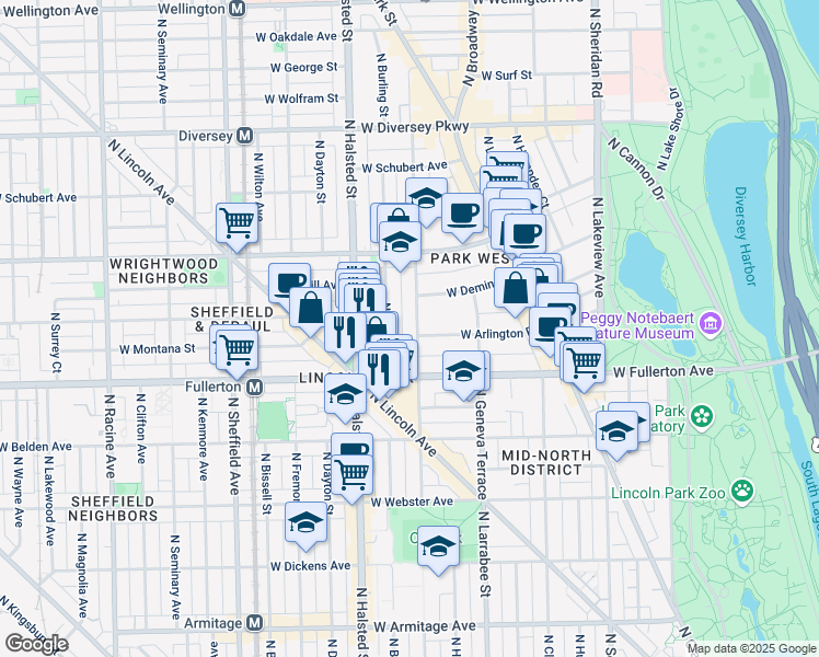 map of restaurants, bars, coffee shops, grocery stores, and more near 2434 North Orchard Street in Chicago