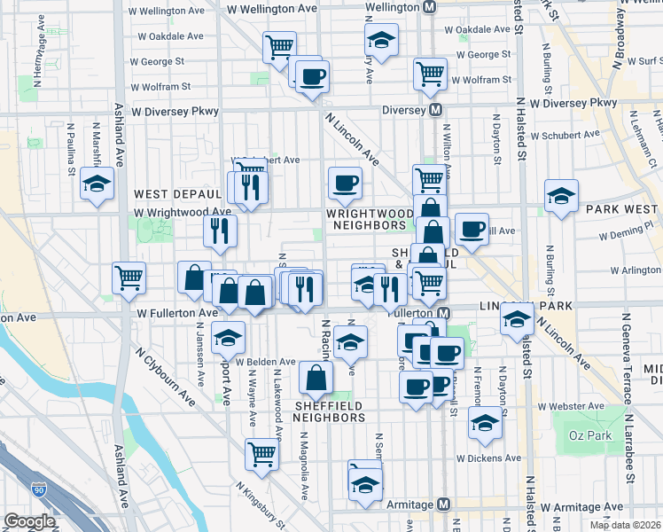 map of restaurants, bars, coffee shops, grocery stores, and more near 2440 North Racine Avenue in Chicago