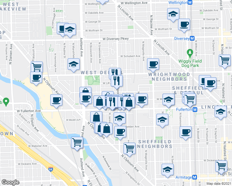 map of restaurants, bars, coffee shops, grocery stores, and more near 2447 North Southport Avenue in Chicago