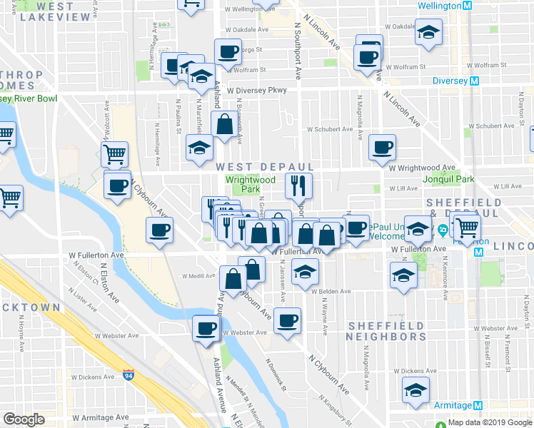 map of restaurants, bars, coffee shops, grocery stores, and more near 2442 North Greenview Avenue in Chicago