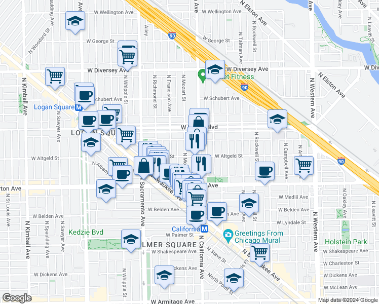 map of restaurants, bars, coffee shops, grocery stores, and more near 2456 North Mozart Street in Chicago