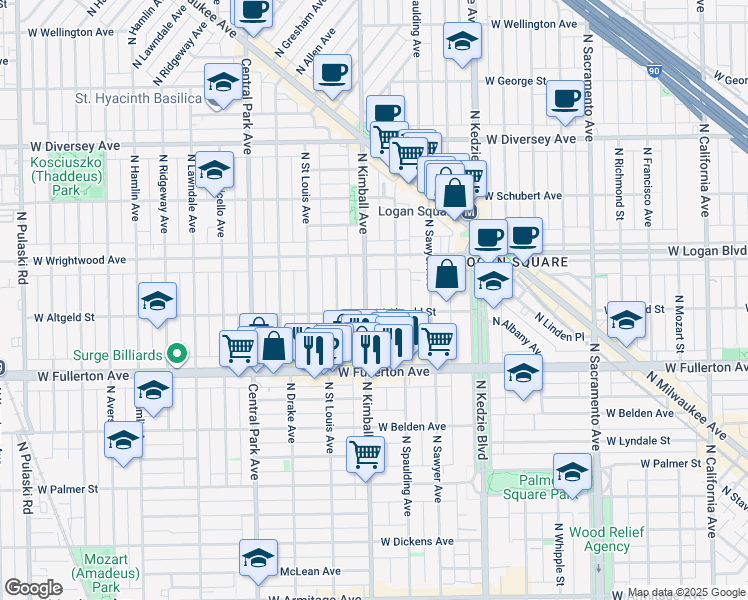 map of restaurants, bars, coffee shops, grocery stores, and more near 2456 North Kimball Avenue in Chicago