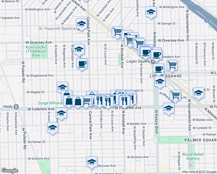 map of restaurants, bars, coffee shops, grocery stores, and more near 2502 North Bernard Street in Chicago