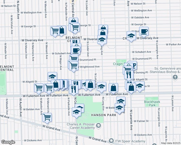 map of restaurants, bars, coffee shops, grocery stores, and more near 2521 North Linder Avenue in Chicago