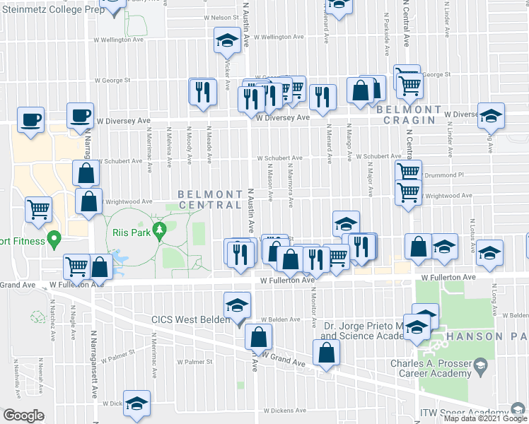 map of restaurants, bars, coffee shops, grocery stores, and more near 2529 North Austin Avenue in Chicago