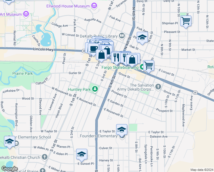 map of restaurants, bars, coffee shops, grocery stores, and more near 405 South 4th Street in DeKalb