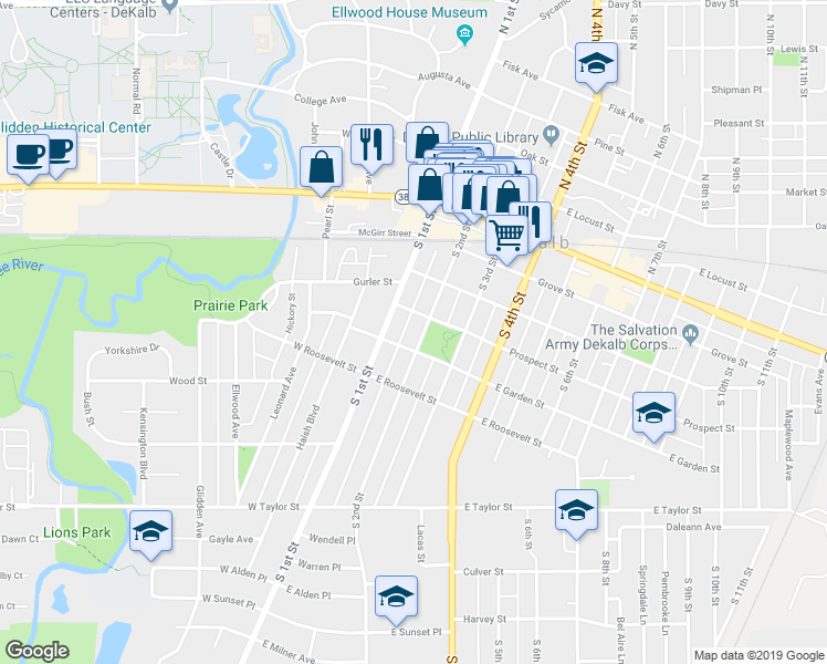 map of restaurants, bars, coffee shops, grocery stores, and more near 415 South 2nd Street in DeKalb