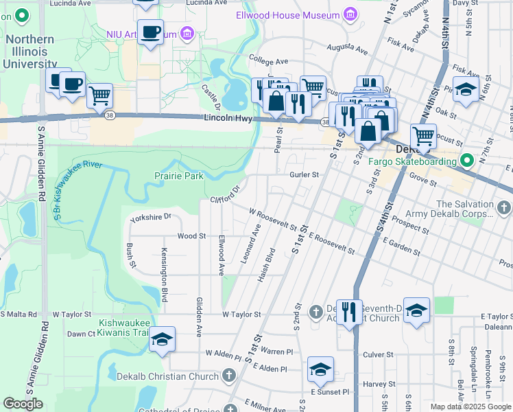 map of restaurants, bars, coffee shops, grocery stores, and more near 305 West Roosevelt Street in DeKalb