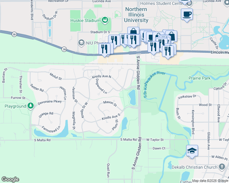 map of restaurants, bars, coffee shops, grocery stores, and more near 1234 Ivy Street in DeKalb