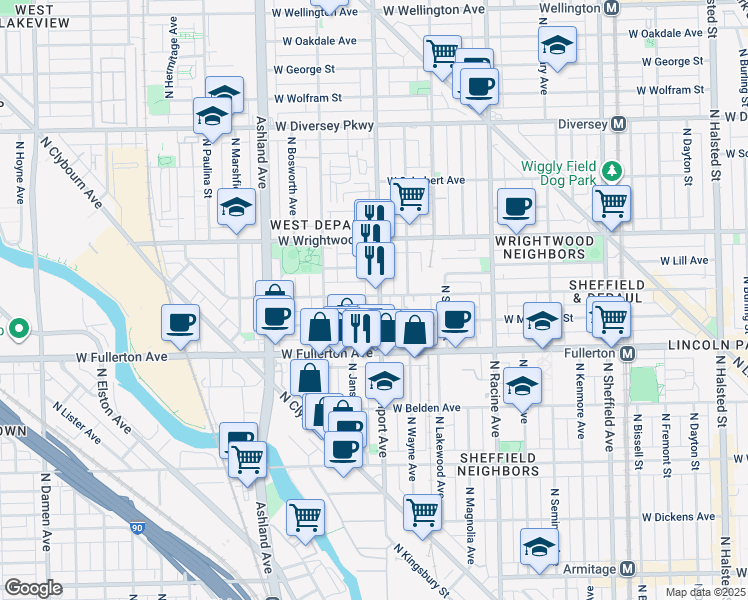 map of restaurants, bars, coffee shops, grocery stores, and more near 1401 West Altgeld Street in Chicago