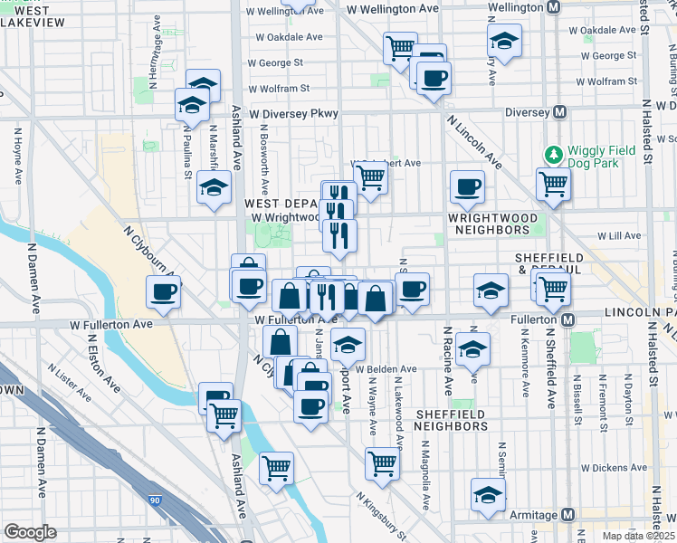 map of restaurants, bars, coffee shops, grocery stores, and more near 2447 North Southport Avenue in Chicago
