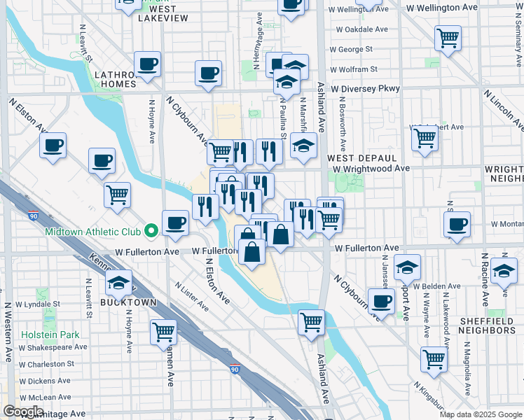 map of restaurants, bars, coffee shops, grocery stores, and more near 2472 North Clybourn Avenue in Chicago