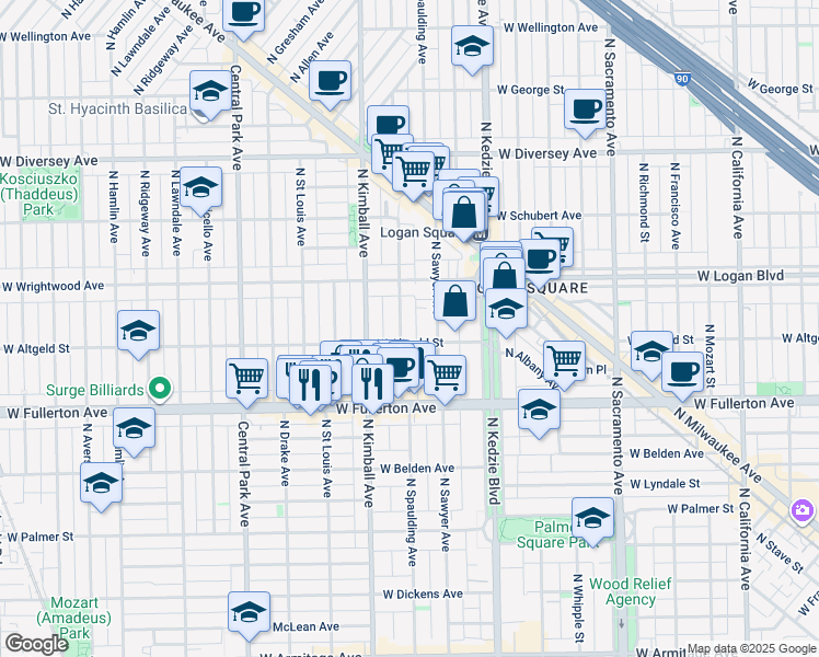map of restaurants, bars, coffee shops, grocery stores, and more near 2454 North Spaulding Avenue in Chicago