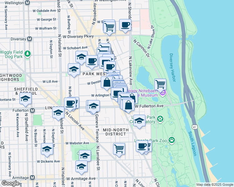 map of restaurants, bars, coffee shops, grocery stores, and more near 2431 North Clark Street in Chicago