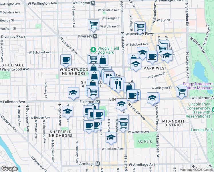 map of restaurants, bars, coffee shops, grocery stores, and more near 2442 North Lincoln Avenue in Chicago