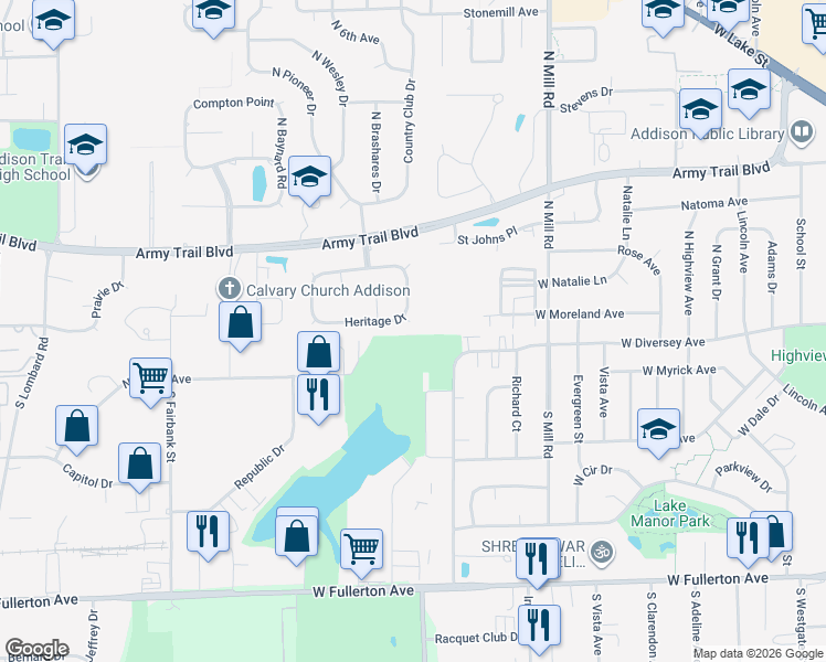 map of restaurants, bars, coffee shops, grocery stores, and more near 835 Heritage Drive in Addison
