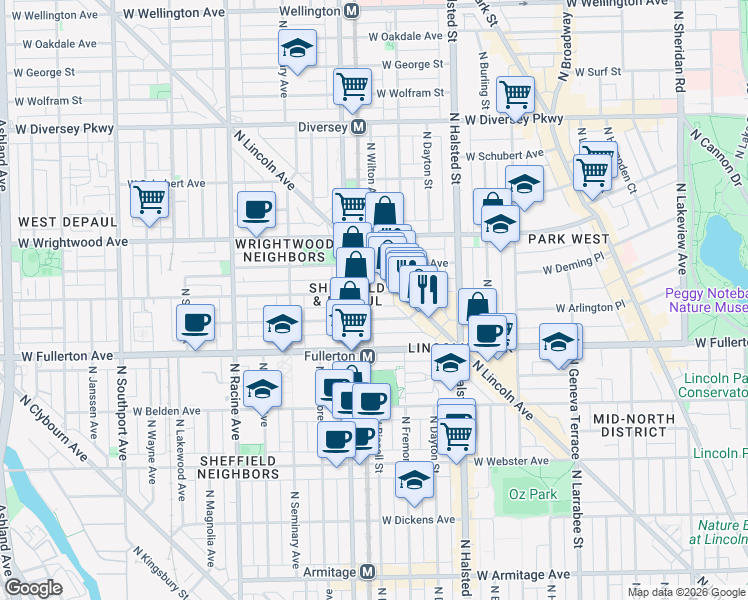 map of restaurants, bars, coffee shops, grocery stores, and more near 933 West Altgeld Street in Chicago