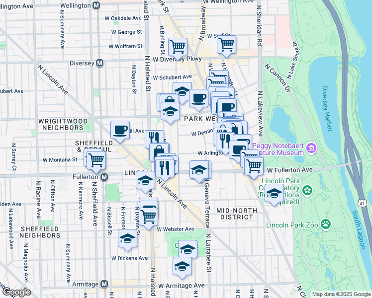 map of restaurants, bars, coffee shops, grocery stores, and more near 644 West Arlington Place in Chicago