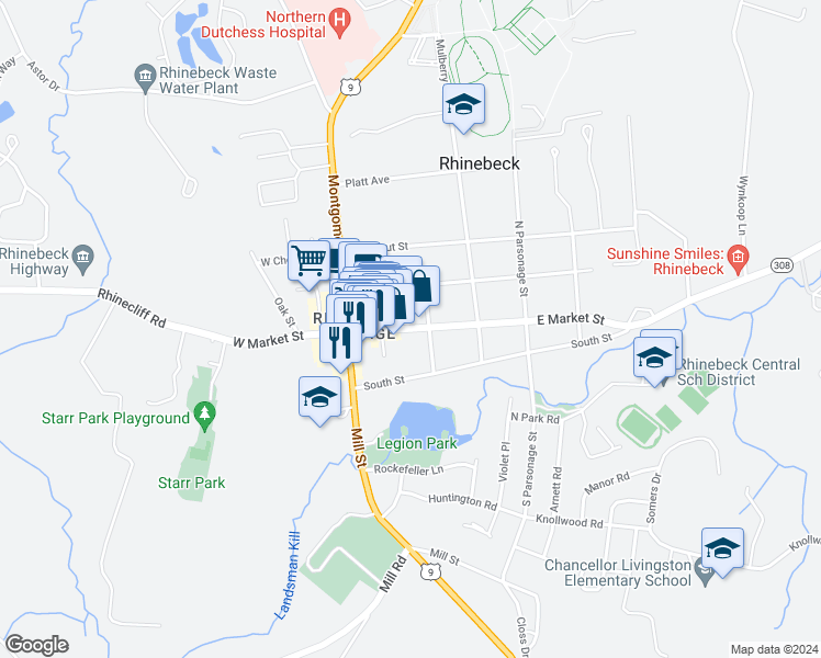 map of restaurants, bars, coffee shops, grocery stores, and more near 62 East Market Street in Rhinebeck Village Business District