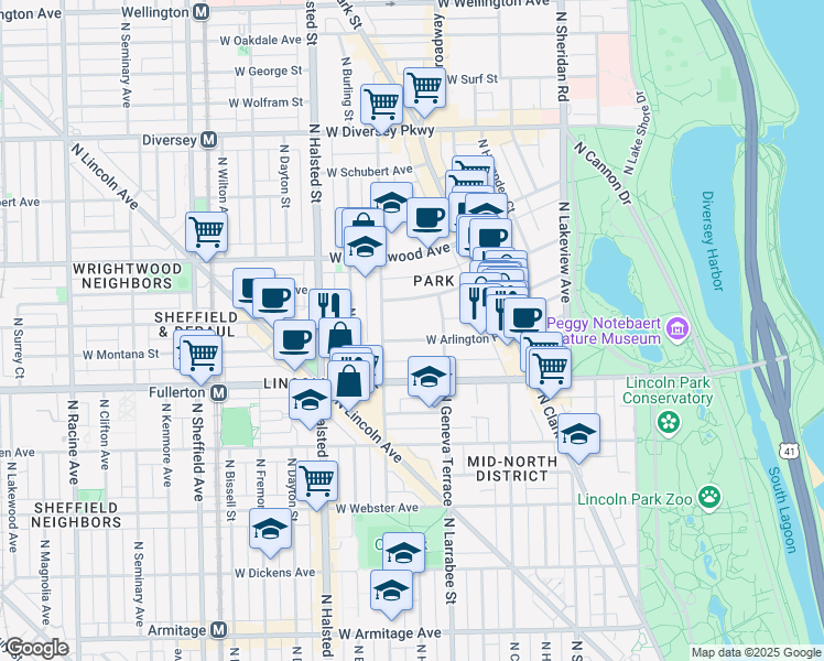 map of restaurants, bars, coffee shops, grocery stores, and more near 623 West Arlington Place in Chicago