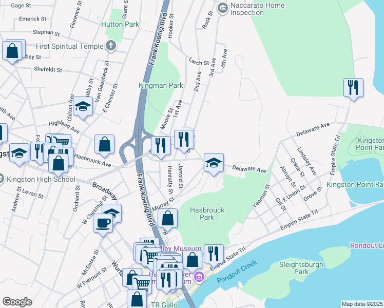 map of restaurants, bars, coffee shops, grocery stores, and more near 467 Delaware Ave in Kingston