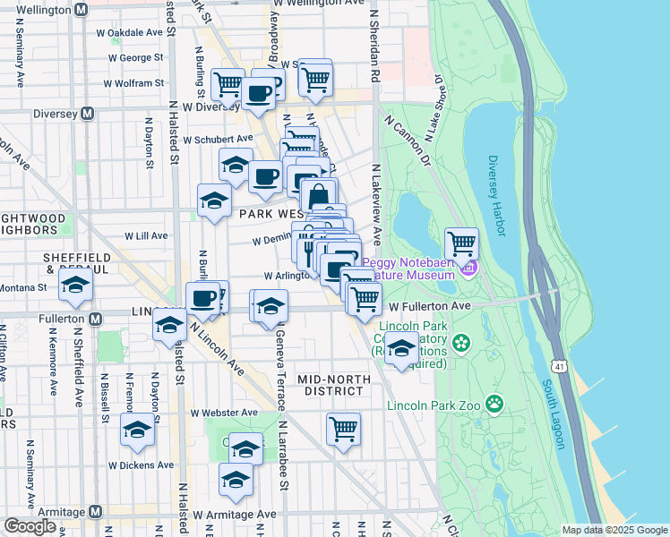 map of restaurants, bars, coffee shops, grocery stores, and more near 519 West Arlington Place in Chicago