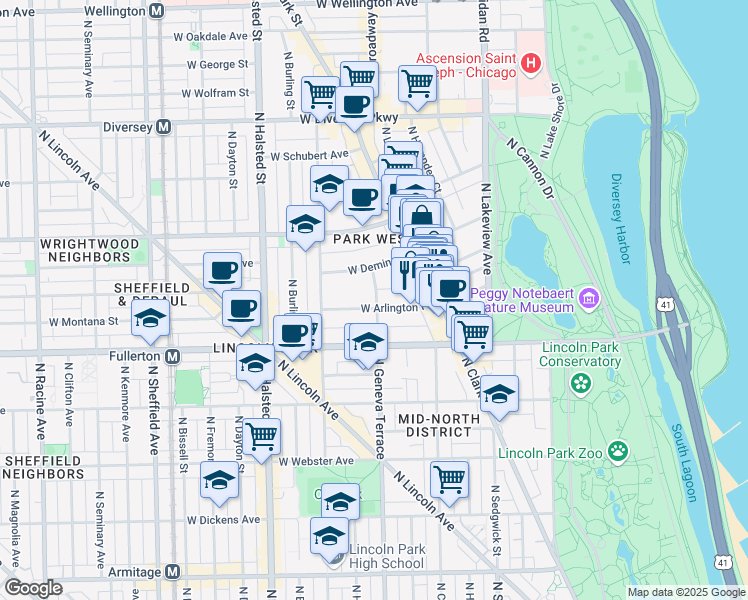 map of restaurants, bars, coffee shops, grocery stores, and more near 559 West Arlington Place in Chicago