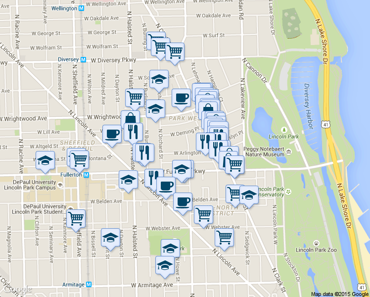 map of restaurants, bars, coffee shops, grocery stores, and more near 623 West Arlington Place in Chicago