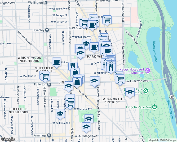 map of restaurants, bars, coffee shops, grocery stores, and more near 623 West Arlington Place in Chicago