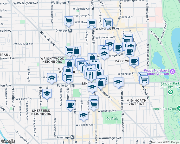 map of restaurants, bars, coffee shops, grocery stores, and more near 2431 North Lincoln Avenue in Chicago