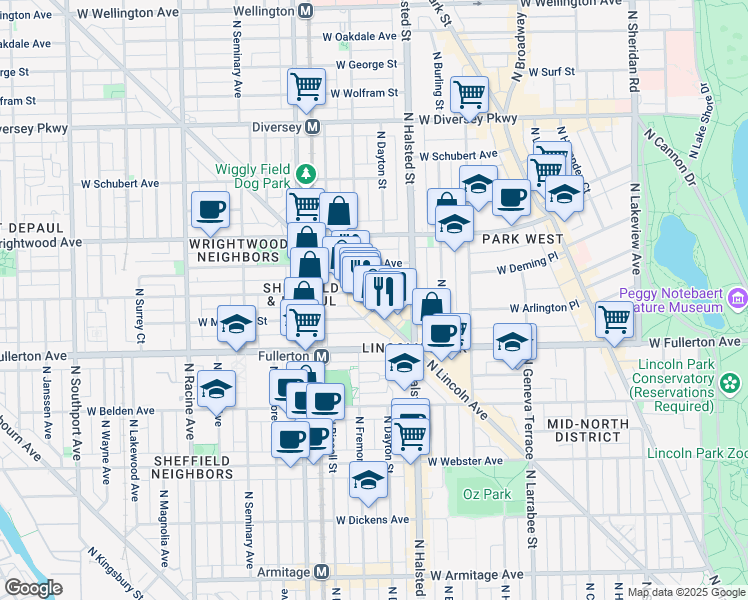 map of restaurants, bars, coffee shops, grocery stores, and more near 2442 North Lincoln Avenue in Chicago