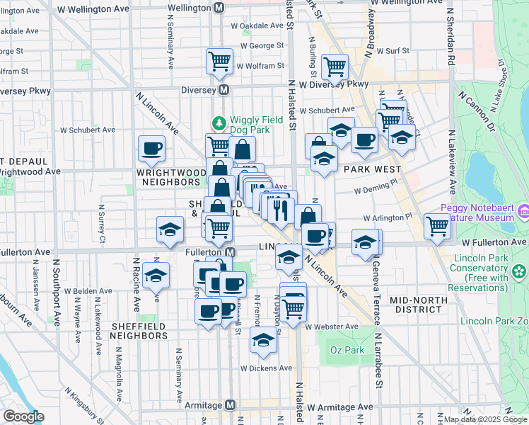 map of restaurants, bars, coffee shops, grocery stores, and more near 2442 North Lincoln Avenue in Chicago