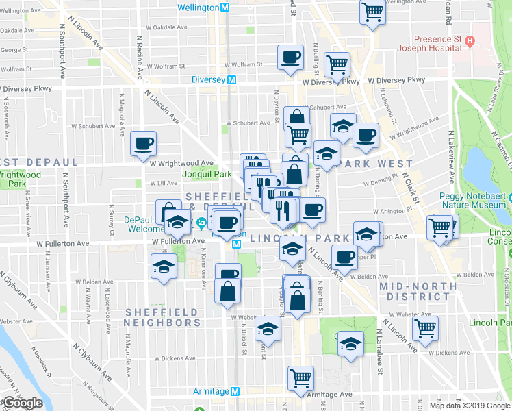 map of restaurants, bars, coffee shops, grocery stores, and more near 2442 North Lincoln Avenue in Chicago