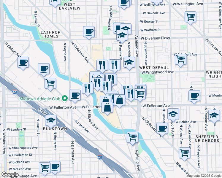 map of restaurants, bars, coffee shops, grocery stores, and more near 2472 North Clybourn Avenue in Chicago