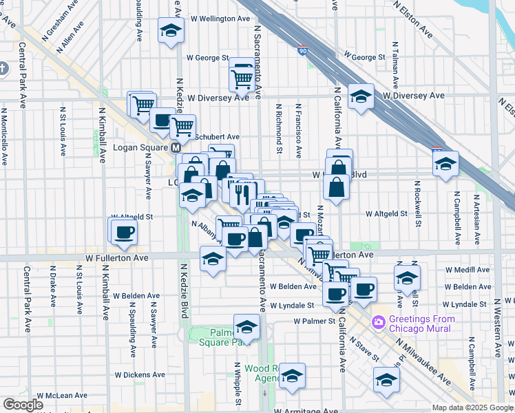 map of restaurants, bars, coffee shops, grocery stores, and more near 2451 North Sacramento Avenue in Chicago