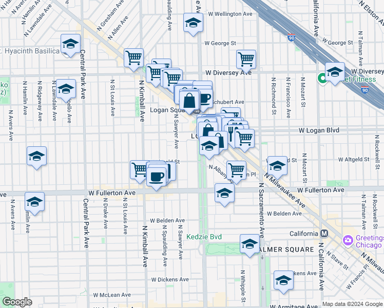map of restaurants, bars, coffee shops, grocery stores, and more near 2454 North Kedzie Boulevard in Chicago