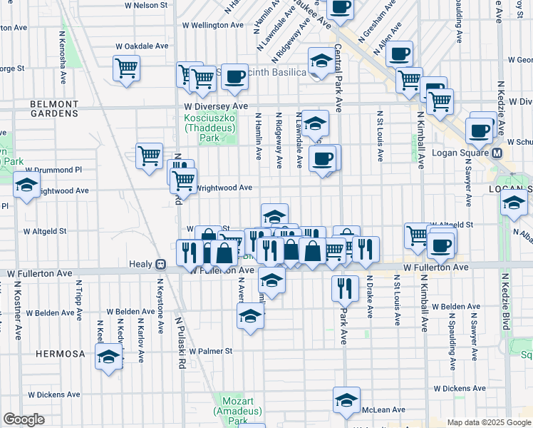 map of restaurants, bars, coffee shops, grocery stores, and more near 3752 West Altgeld Street in Chicago