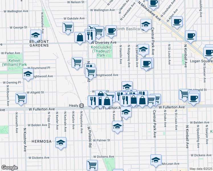 map of restaurants, bars, coffee shops, grocery stores, and more near 3906 West Altgeld Street in Chicago