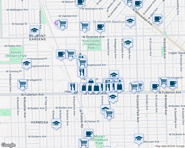 map of restaurants, bars, coffee shops, grocery stores, and more near 3906 West Altgeld Street in Chicago