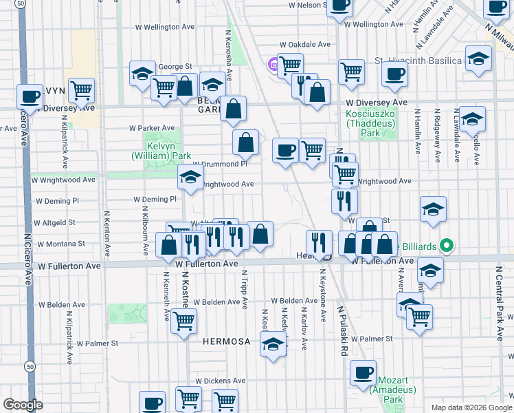 map of restaurants, bars, coffee shops, grocery stores, and more near 2504 North Keeler Avenue in Chicago