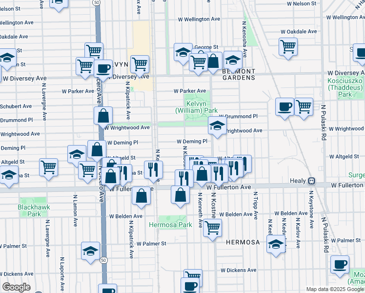 map of restaurants, bars, coffee shops, grocery stores, and more near 4506 West Altgeld Street in Chicago