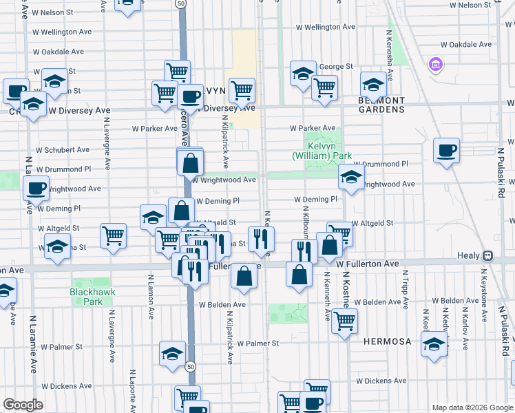 map of restaurants, bars, coffee shops, grocery stores, and more near 4618 West Altgeld Street in Chicago