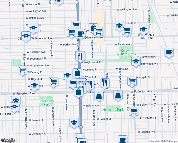 map of restaurants, bars, coffee shops, grocery stores, and more near 2504 North Kilpatrick Avenue in Chicago