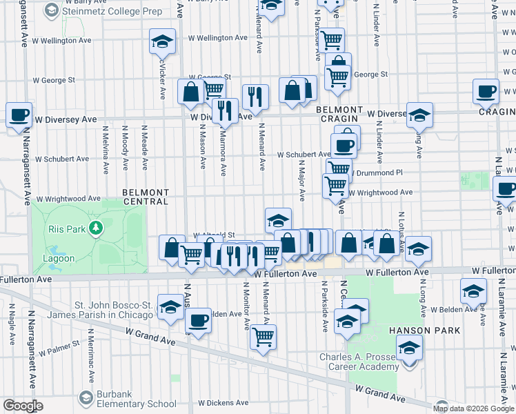 map of restaurants, bars, coffee shops, grocery stores, and more near 2528 North Menard Avenue in Chicago
