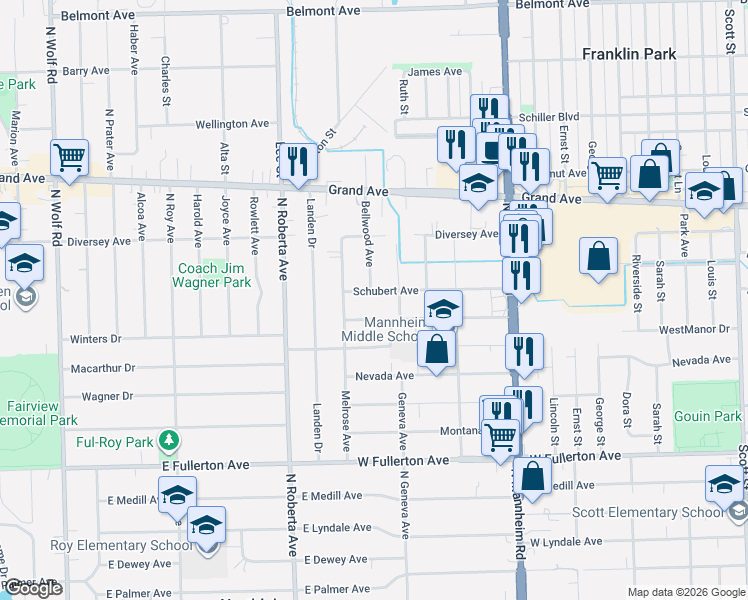 map of restaurants, bars, coffee shops, grocery stores, and more near 10622 Drummond Avenue in Melrose Park