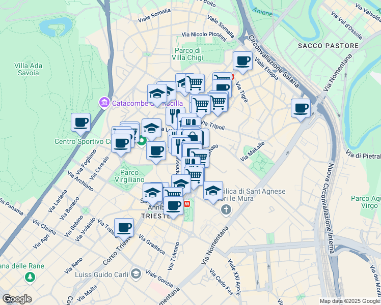 map of restaurants, bars, coffee shops, grocery stores, and more near Viale Eritrea in Rome