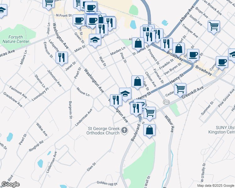 map of restaurants, bars, coffee shops, grocery stores, and more near 93 Wall Street in Kingston
