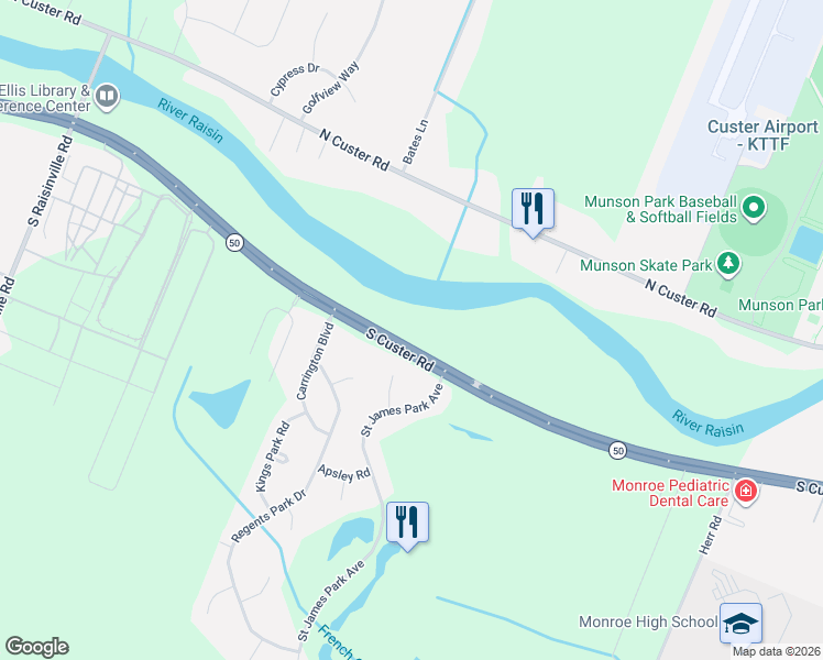 map of restaurants, bars, coffee shops, grocery stores, and more near 3090 South Custer Road in Monroe