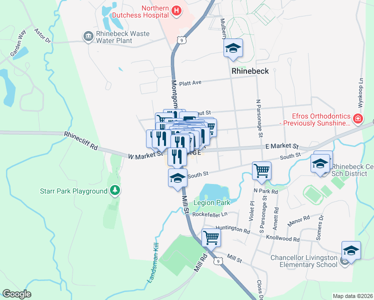 map of restaurants, bars, coffee shops, grocery stores, and more near 19 New York 308 in Rhinebeck